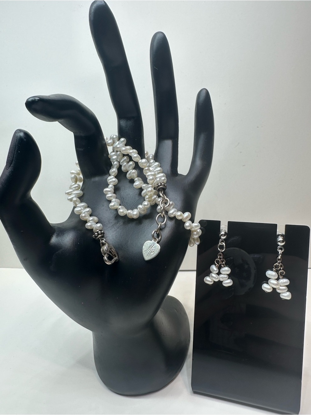 Genuine Pearl Necklace Earrings Set Sterling Silver 925 Signed MB Jewelry Design - Picture 2 of 15